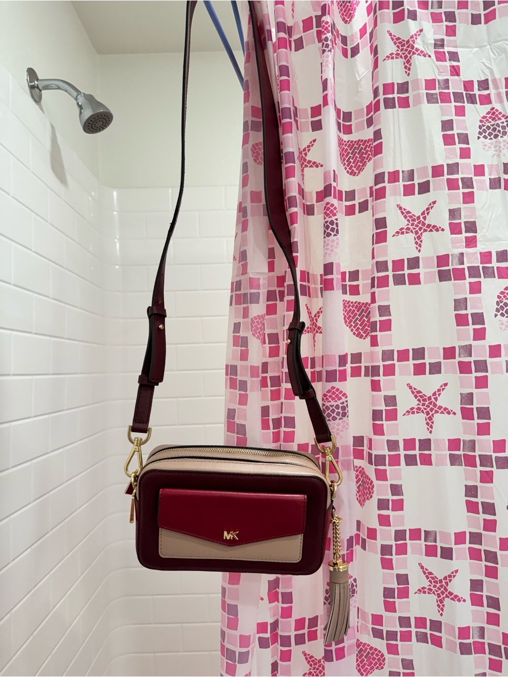 New Michael Kors Two-Tone Burgundy and Beige Crossbody Camera Bag